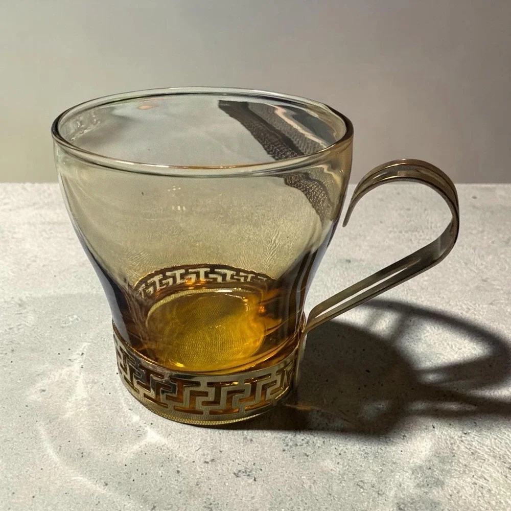 Vintage Amber Glass Cup with Greek Key Gold Tone Metal Base and Handle Espresso